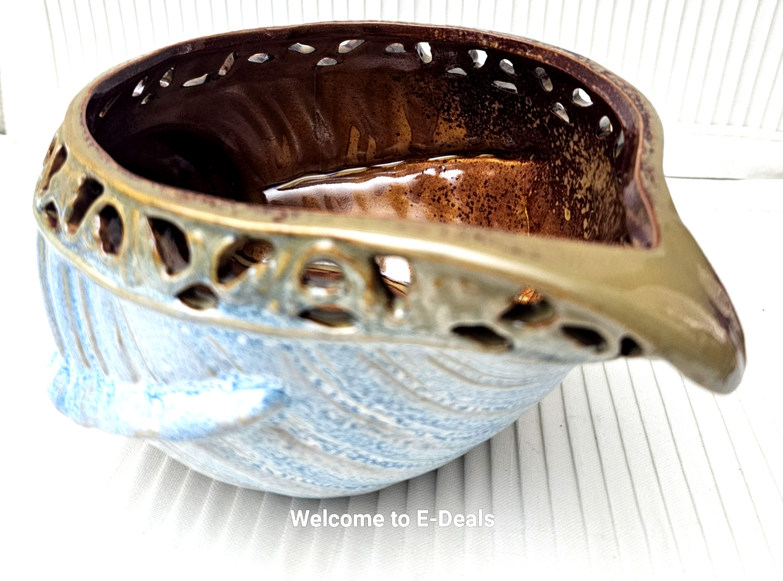 VINTAGE Blue Brown Glazed Ceramic Conch Shell Bowl