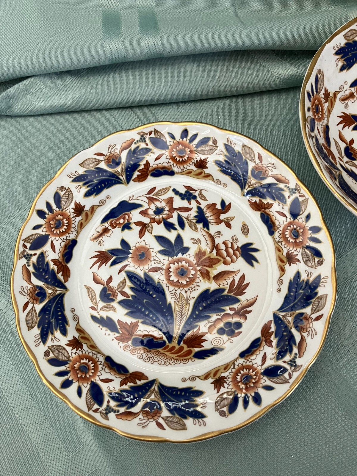 Booths Dovedale Rust & Blue Fruit/Dessert Bowl & Bread/Dessert Plate Gold Edge