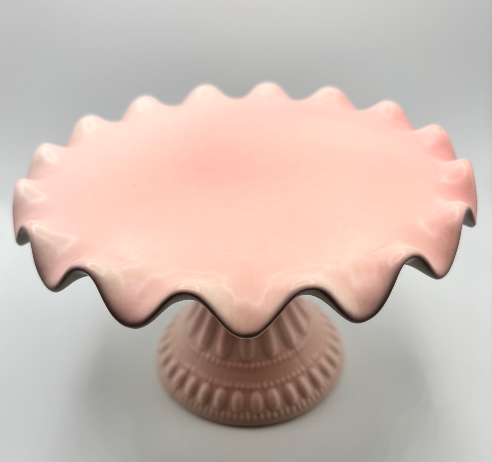 Glitterville Handmade Pink Ceramic Ruffled Pedestal Cake Stand 7.75″ x 5″