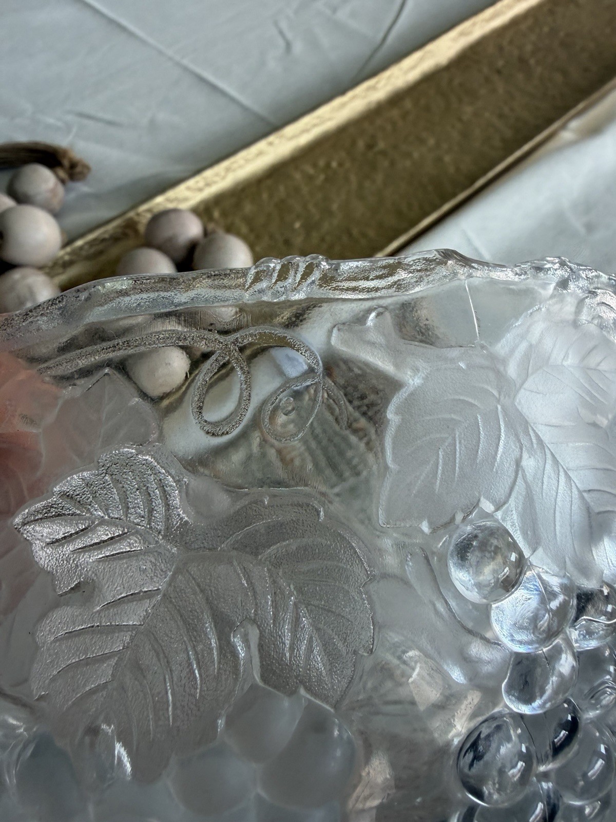 Clear Pressed Glass Round Serving Bowl Grape & Leaf Pattern Fruit Theme
