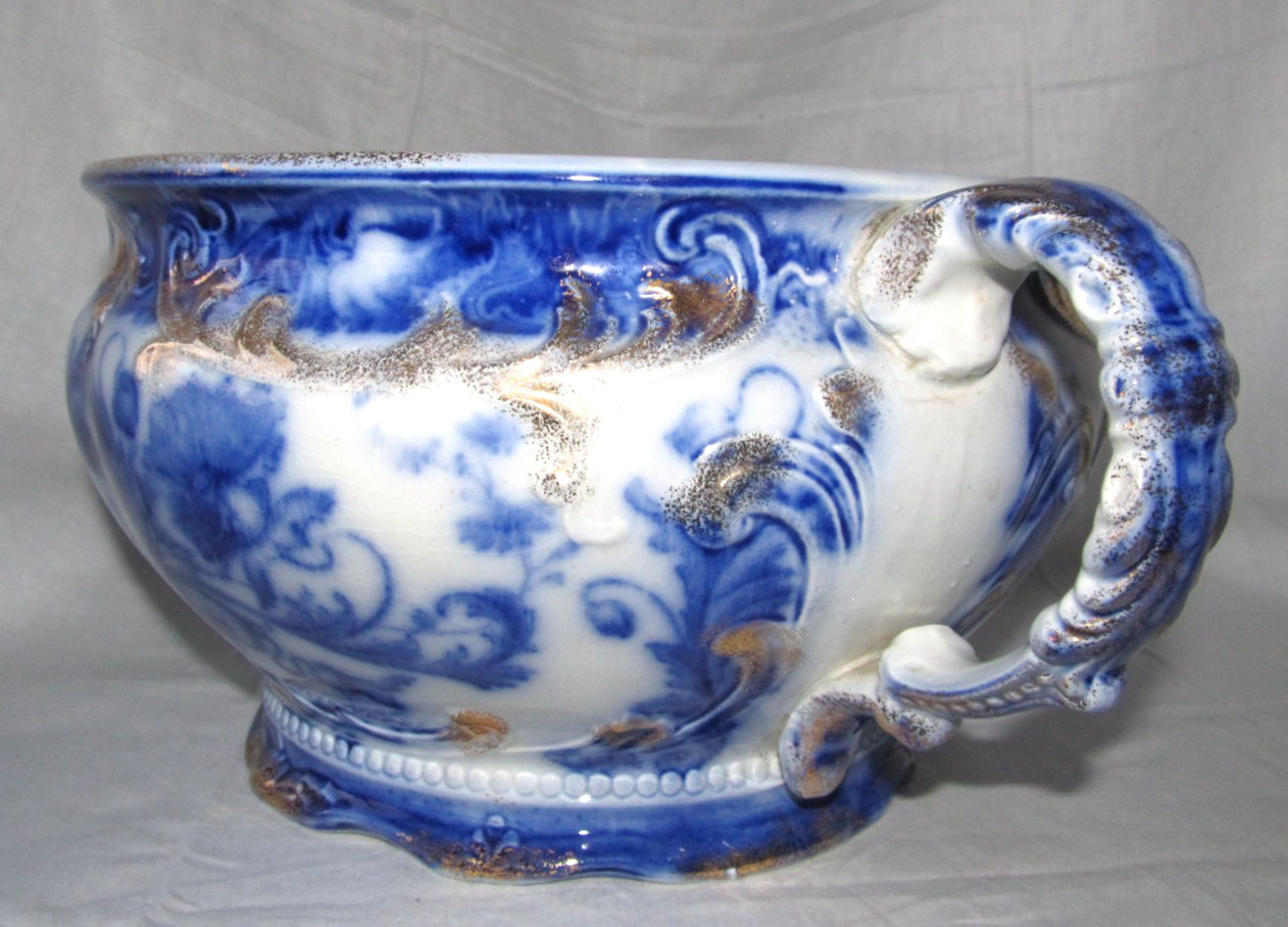 Victorian Flow Blue Chamber Pot Gold Gilt J&G Meakin “Moderna” Antique 1895-1915