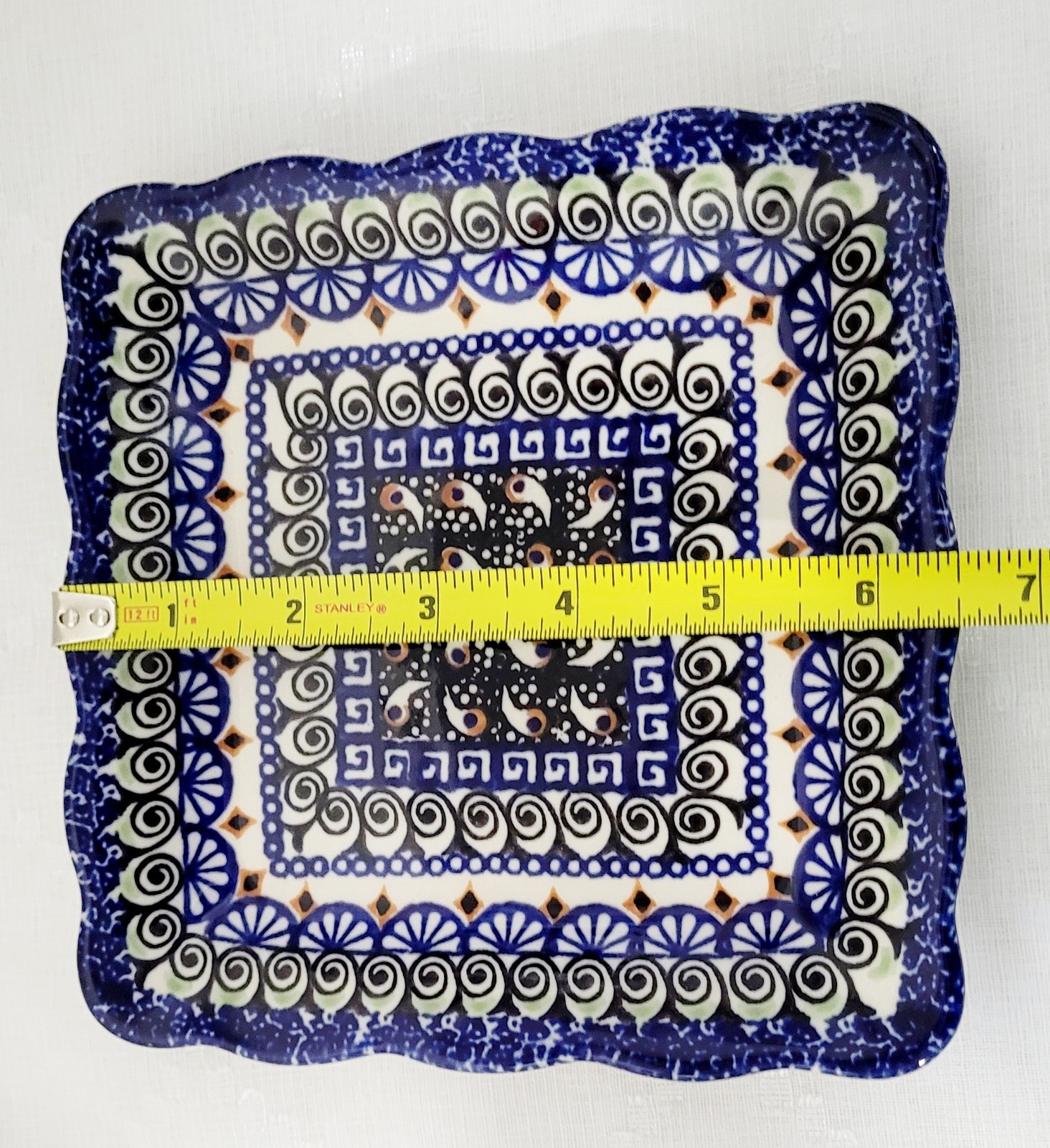 VTG Unikat Polish Pottery Square Platter Handmade/Painted Blue & Green Patterns