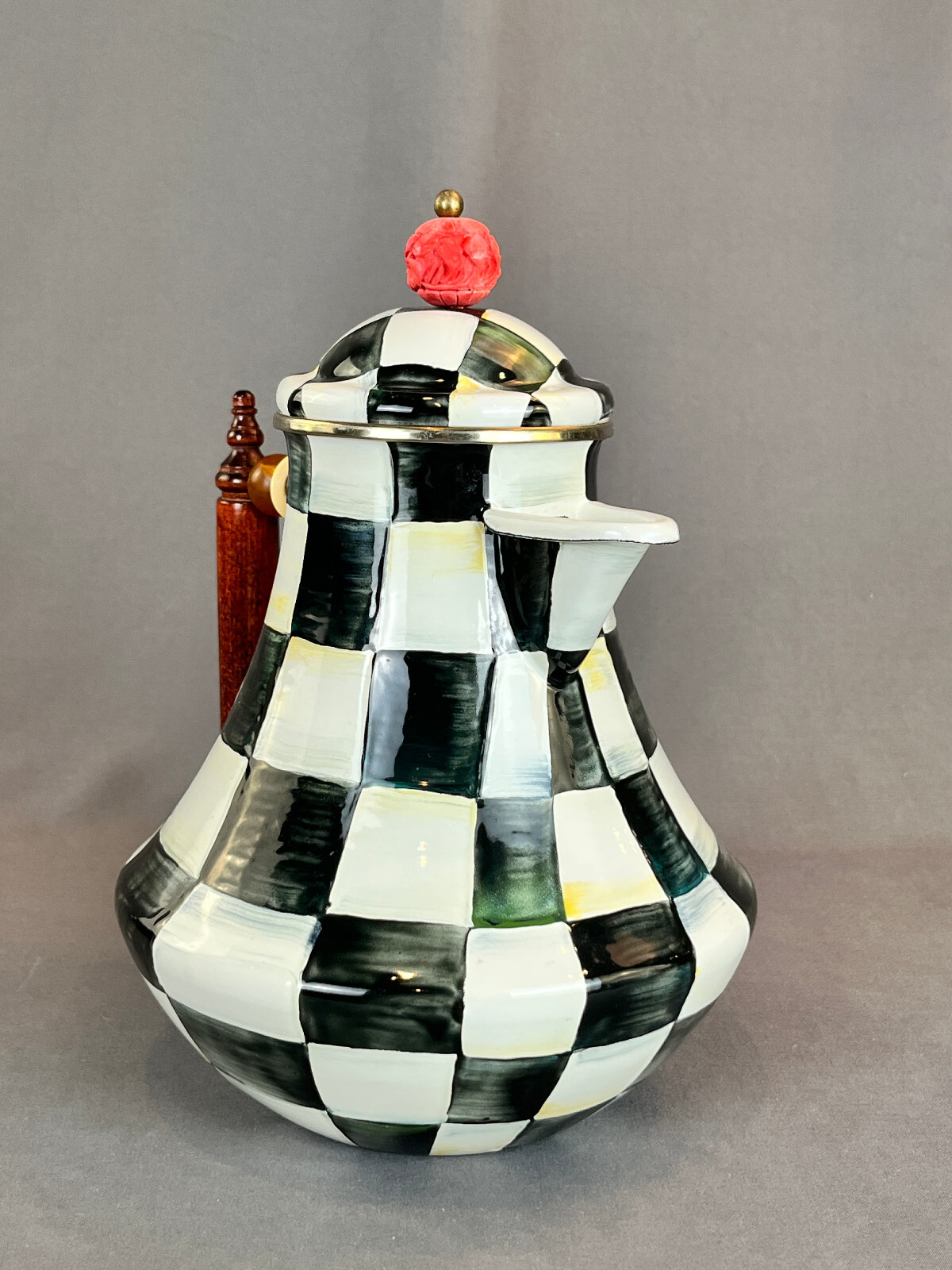 MacKenzie-Childs COURTLY CHECK Enamel 64 Oz Jug & Lid w/ Red Finial Coffee Pot A