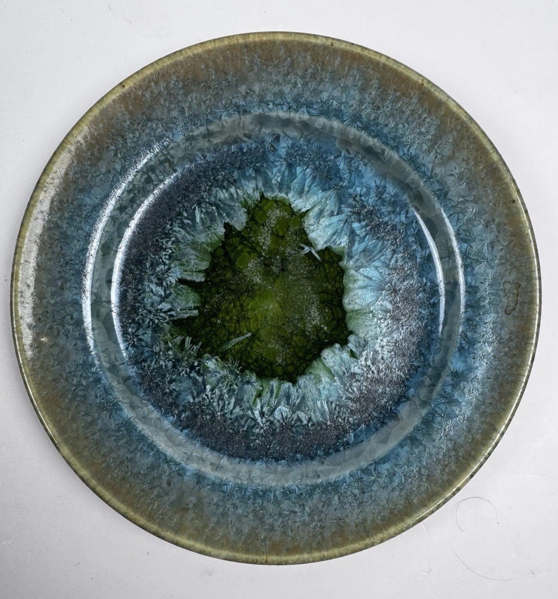 Signed Studio Art Pottery Crystalline Glaze Decorative Bowl Plate Blue Green
