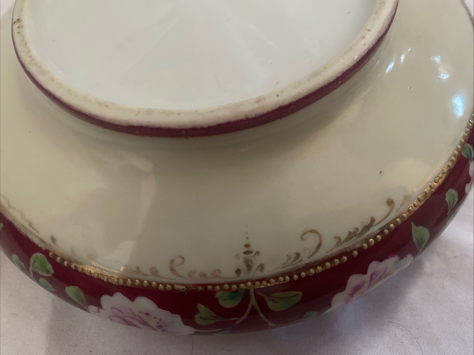 Antique Pink Cabbage Rose Applied Gold Red Pre-Nippon Bowl With Lid