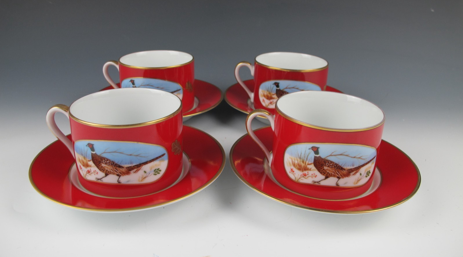 (4) Lynn Chase Winter Game Birds Red Cup & Saucer Sets