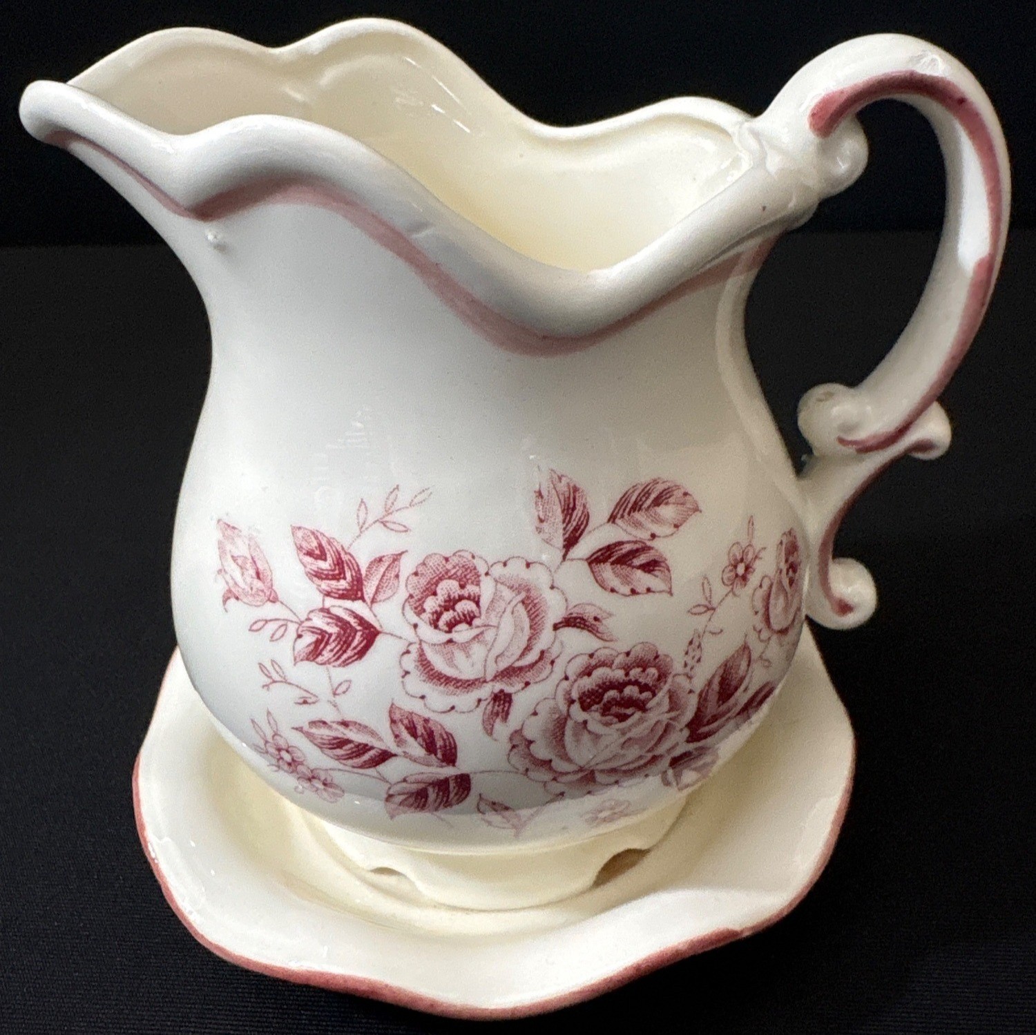 White Japanese Ceramic Pitcher Pink Floral Design Matching Saucer Plate Creamer