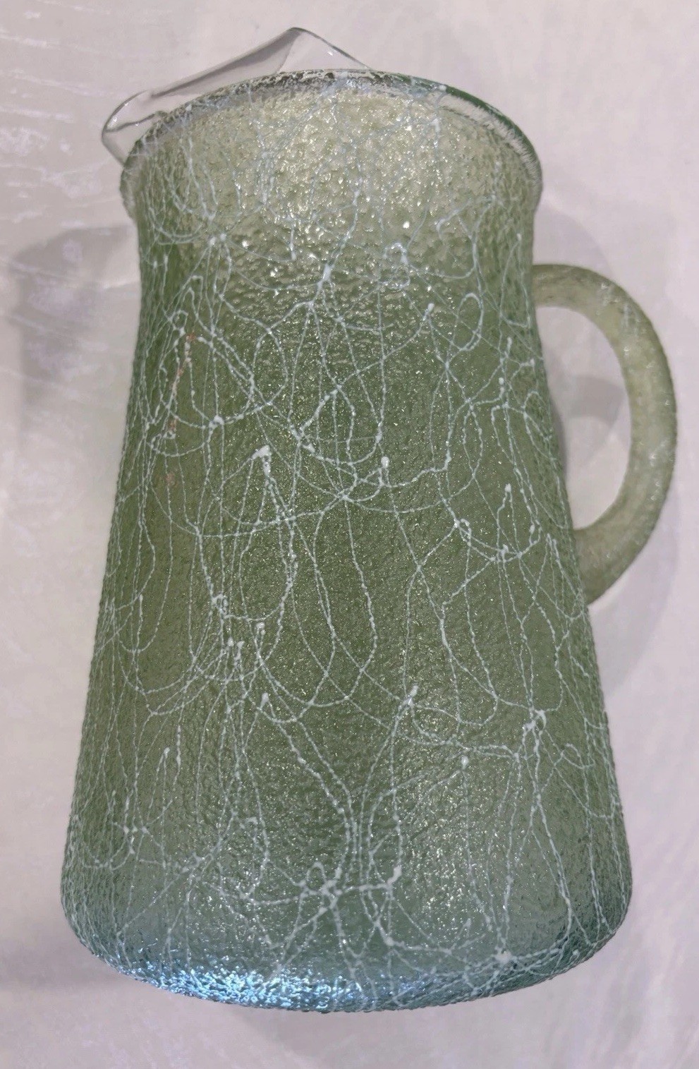 Green “Spaghetti “Glass Pitcher 1950S Spiral Art Pattern 9 In, 64 Oz. ￼
