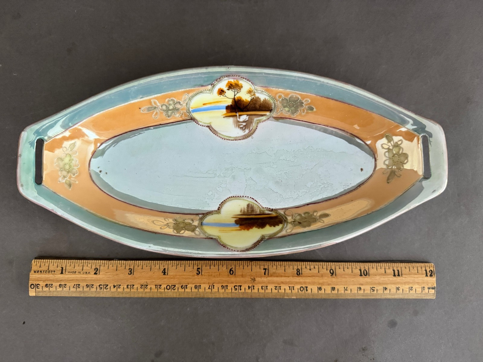 PEACH LIGHT GREEN/BLUE CHERRY BLOSSOM OVAL HANDLED LUSTERWARE CELERY RELISH DISH