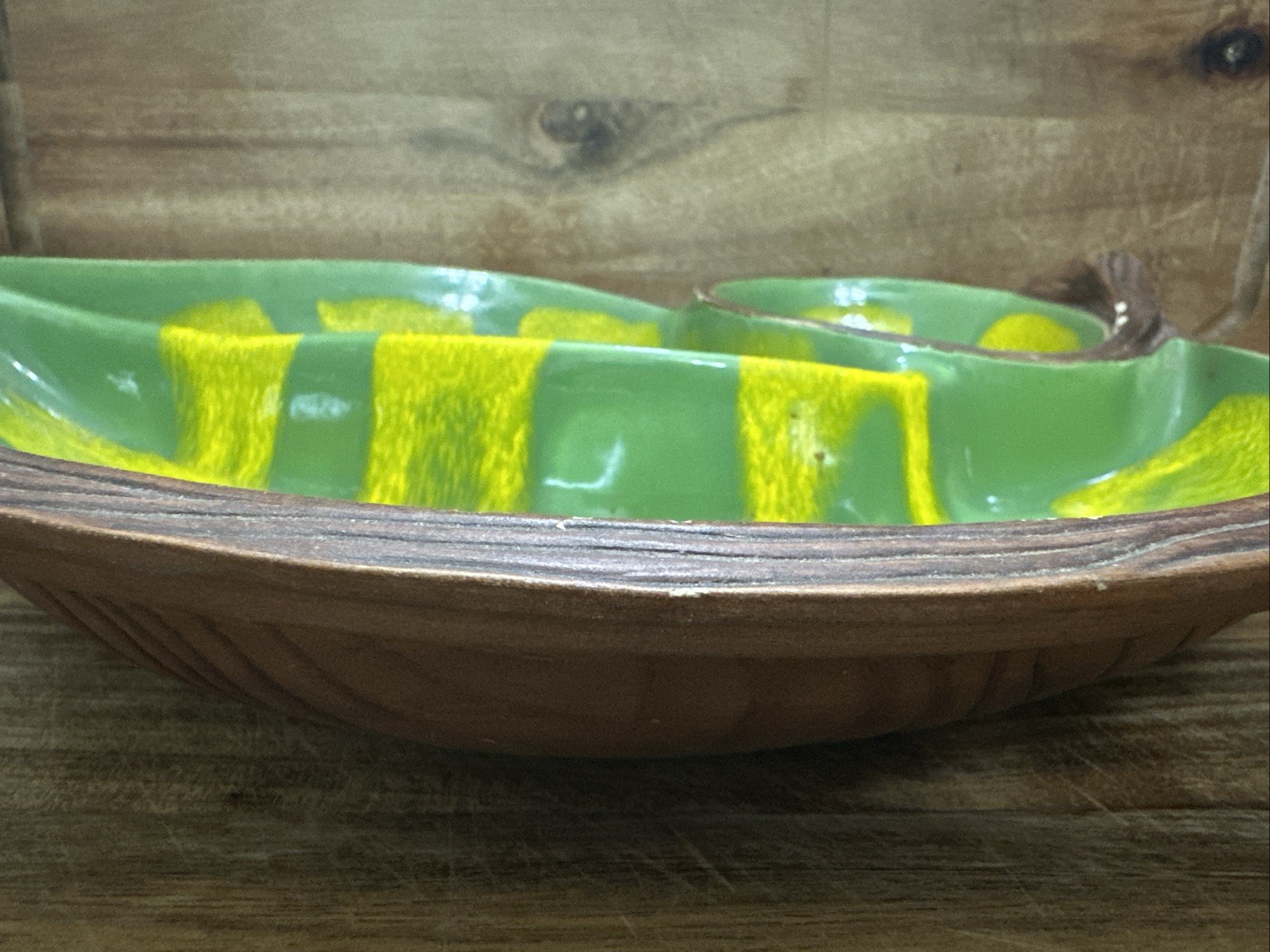 Vintage California Pottery #602 Sequoia Ware Yellow Green Drip Glaze Leaf Dish