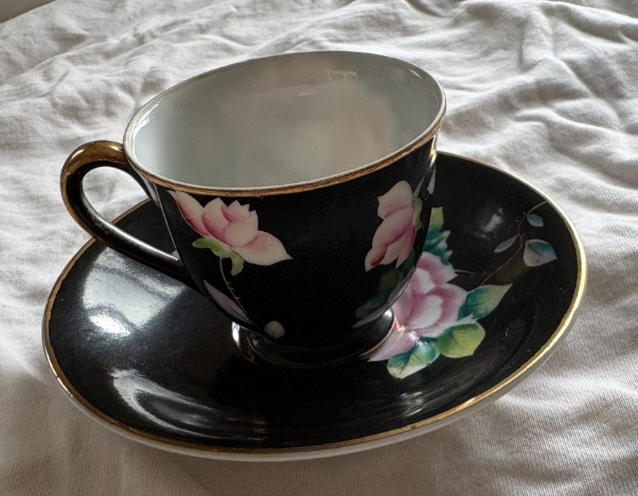 Vintage Chugai China Made In Occupied Japan Cup & Saucer Black & Yellow Floral