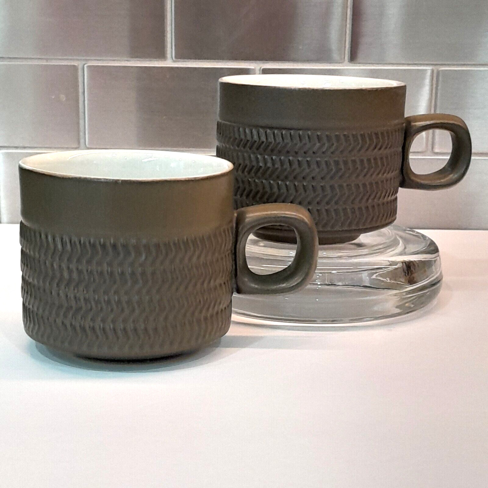 Denby Camelot Chevron Coffee Cups Dark Olive Green Stoneware England (Set of 2)