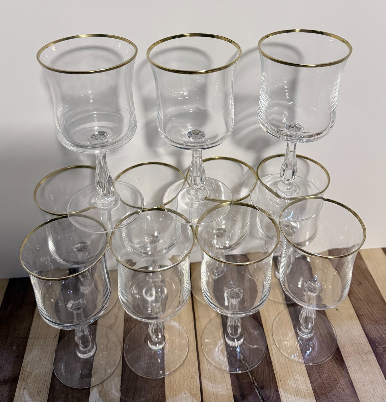 Set of 11 Crystal Wine Glasses w/Gold Trim by Noritak ” Admiration Design ” 1970
