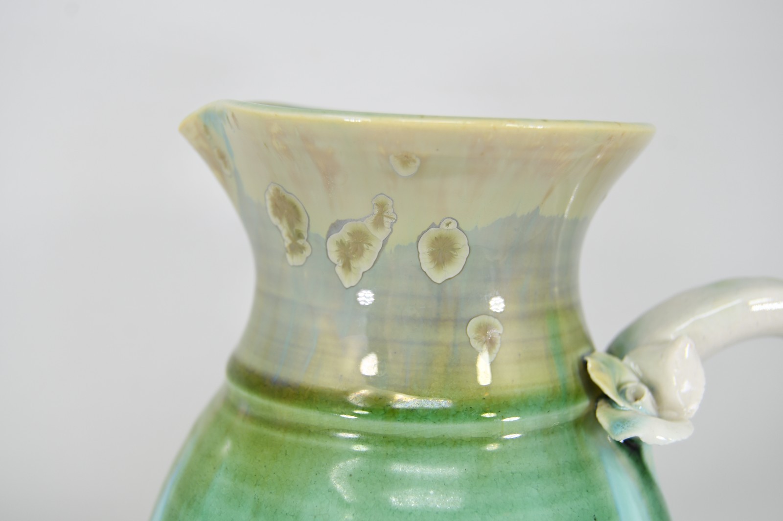 VTG Studio Art Pottery Pitcher Applied Flower Drip Flow Crystalline Glaze Signed