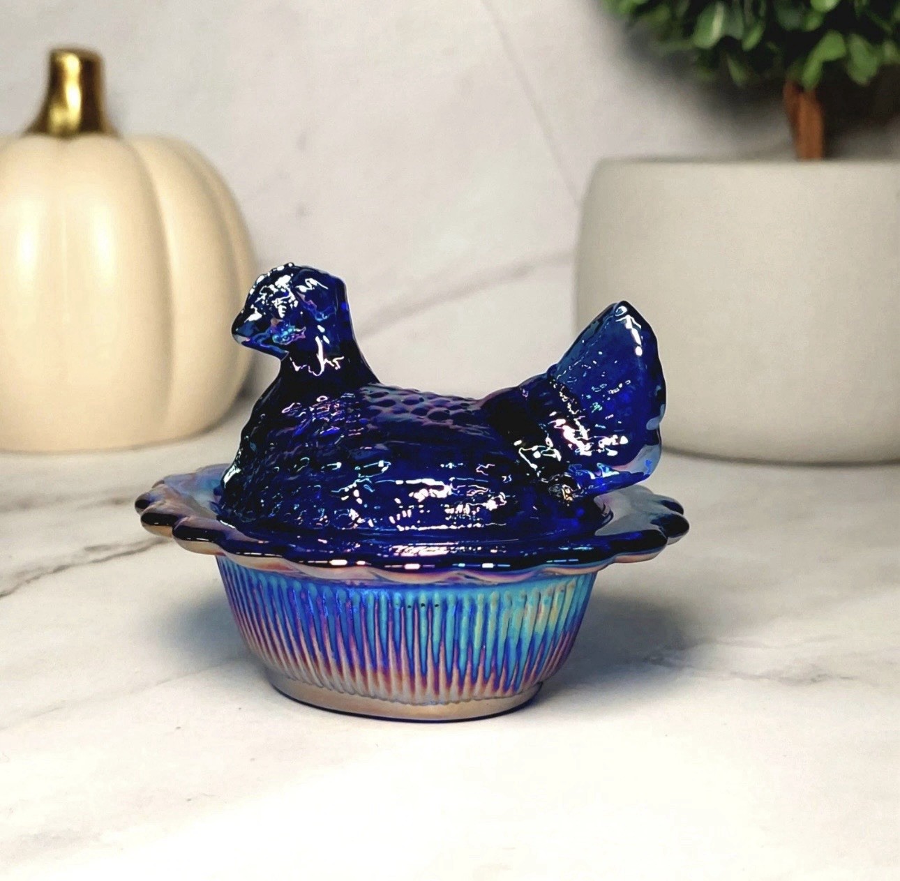 Mosser Cobalt Blue Carnival Glass Hen on Nest Salt Dish, Mini Chicken, VTG Style