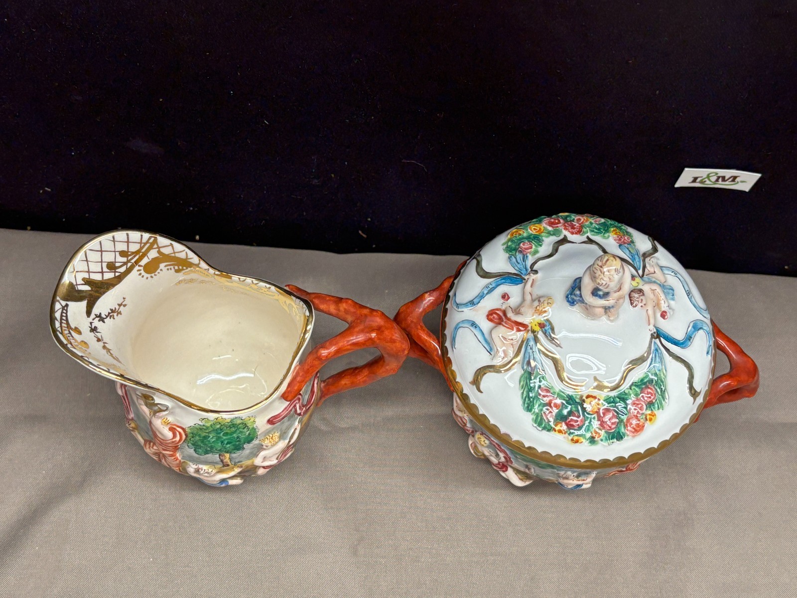 Capodimonte “CHERUBS” Antique Porcelain ~ Creamer & Sugar Bowl w/Lid (Italy)