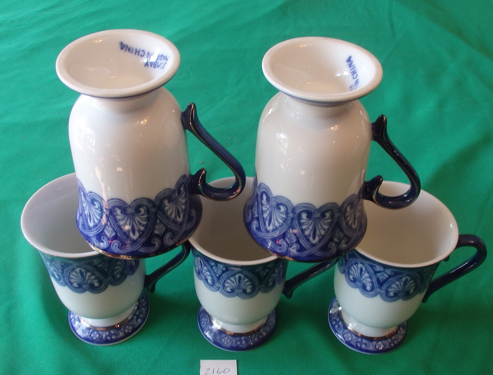 Bombay Co Cobalt Blue White Arabasque Tile Platinum Trim Coffee Tea Mug Set of 5