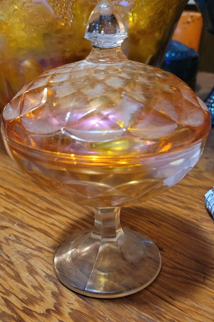 Fenton Grecian Gold Iridescent Glass Compte Candy Dish With Lid