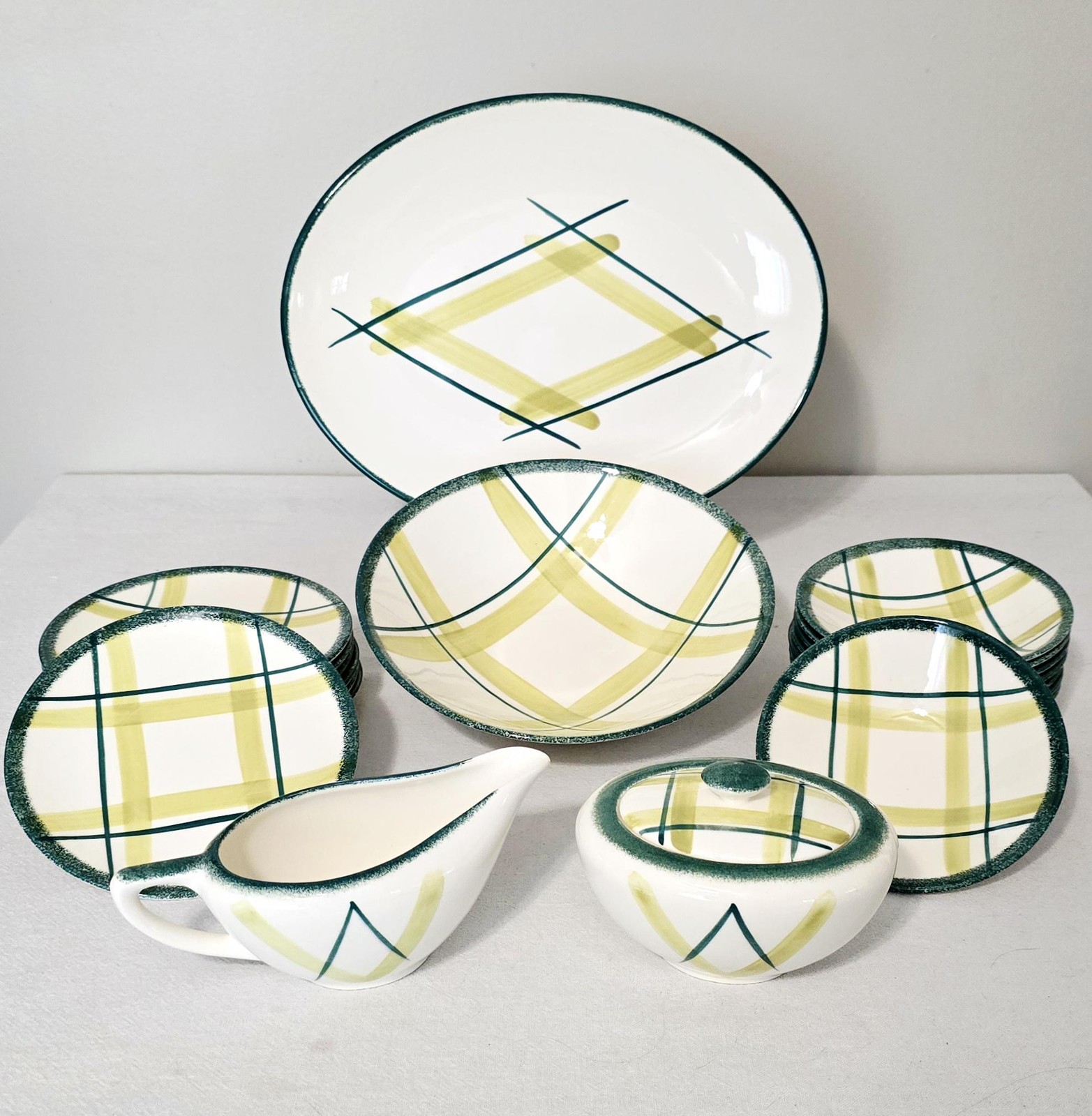 Edwin Knowles Pasadena Green Plaid Dinnerware Replacement Pieces, Mid Century