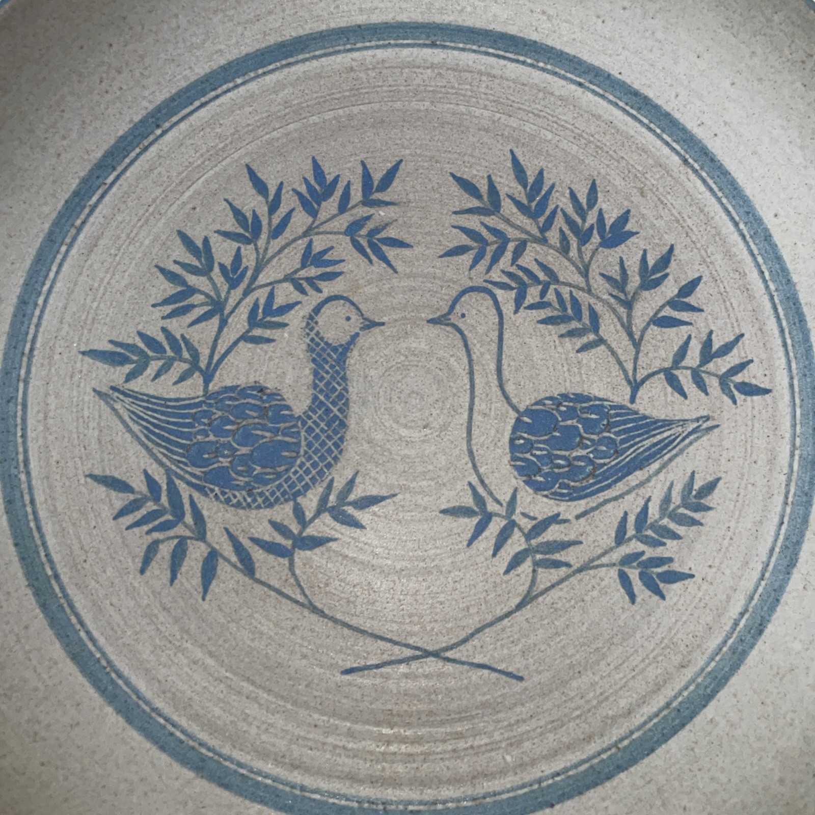 Vtg Two Blue Quail Pottery Pie Plate Hand Made Stoneware Excellent Granny core