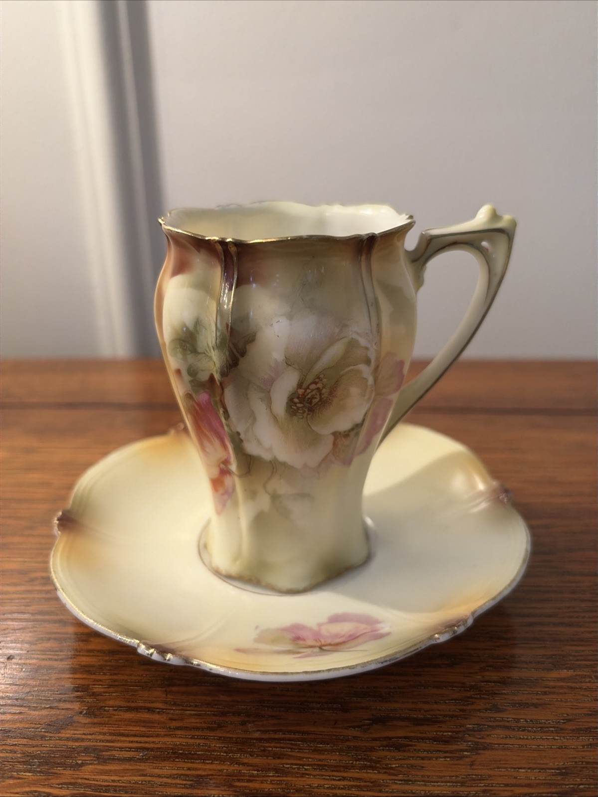 Antique RS PRUSSIA Floral Chocolate Cup & Saucer Set Pink Flowers Red Mark READ
