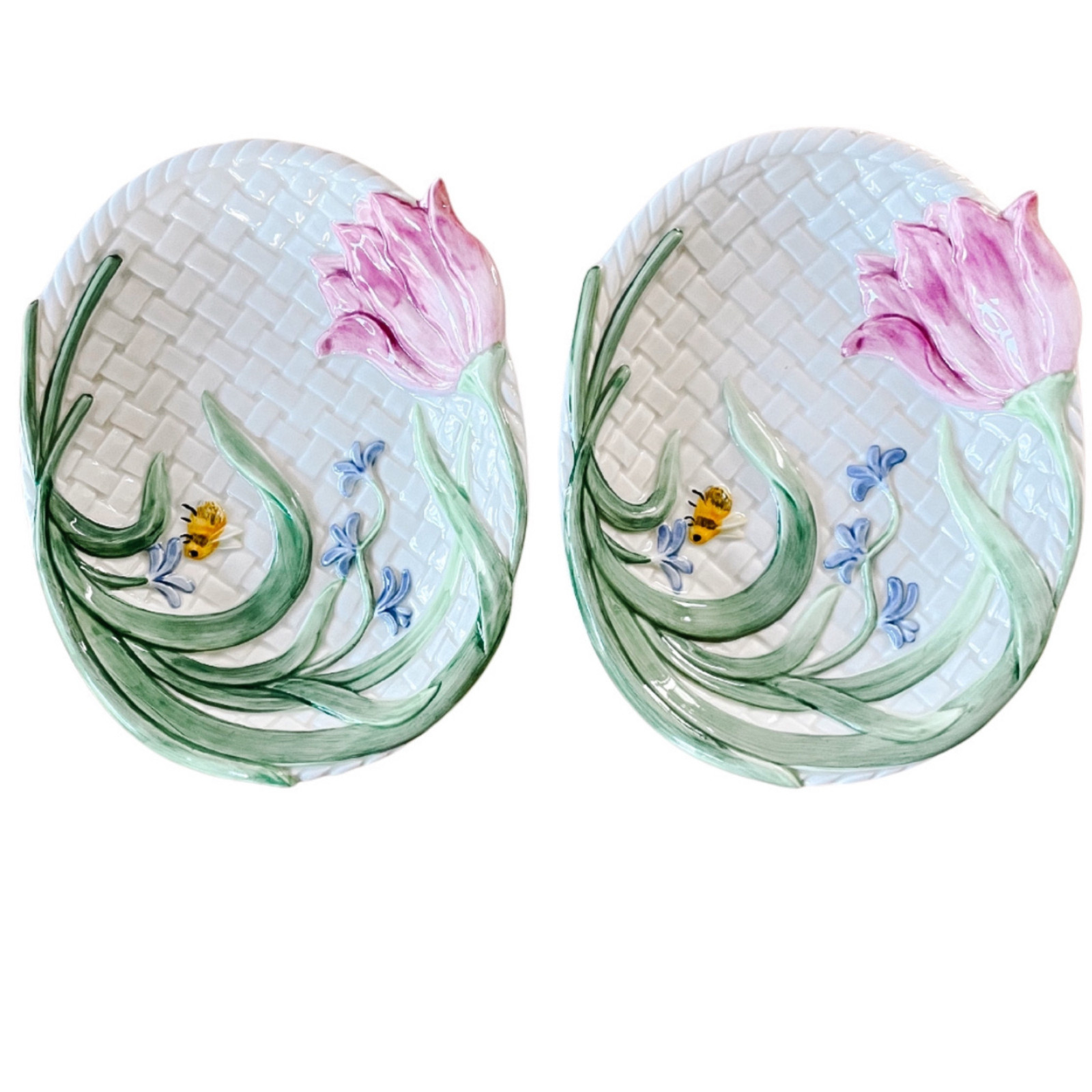 Pair Of Fitz and Floyd Pink Tulip Bee Plates 7″ Appetizer Plates