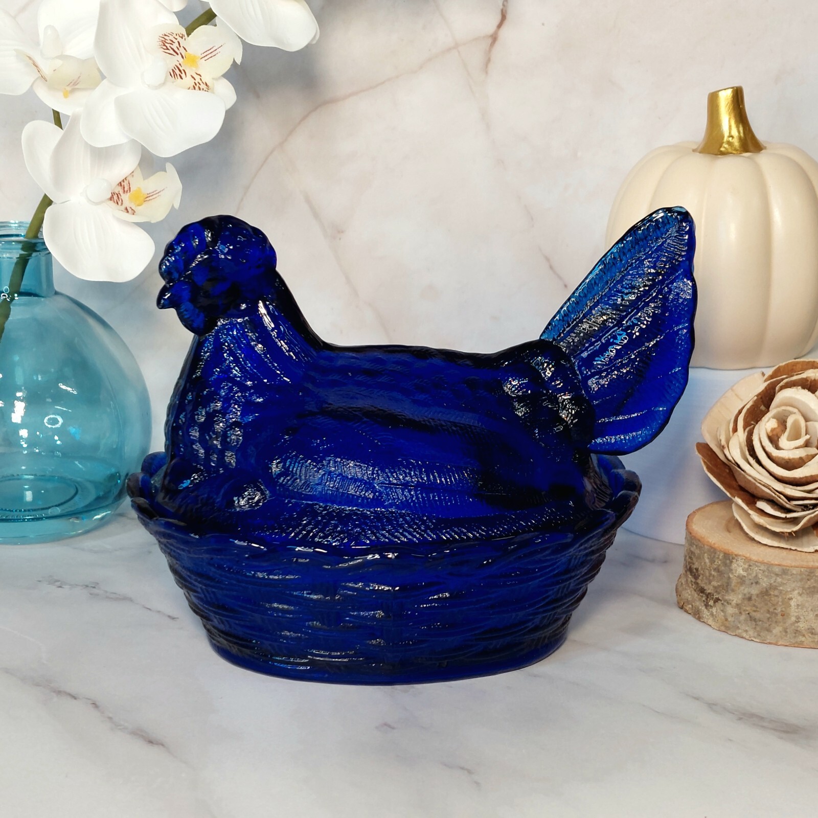 Hen on Nest Chicken Cobalt Blue Glass Depression Style Candy Dish, Vintage Style