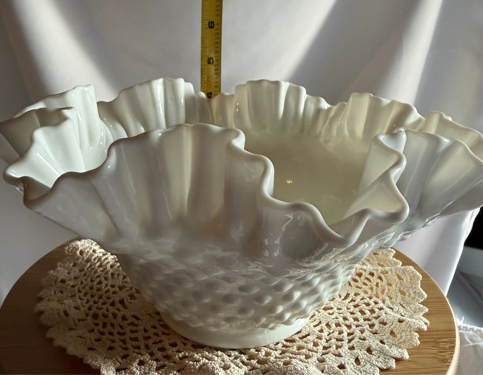Vintage Fenton Hobnail White Milk Glass Bowl with Ruffled Edge 9″