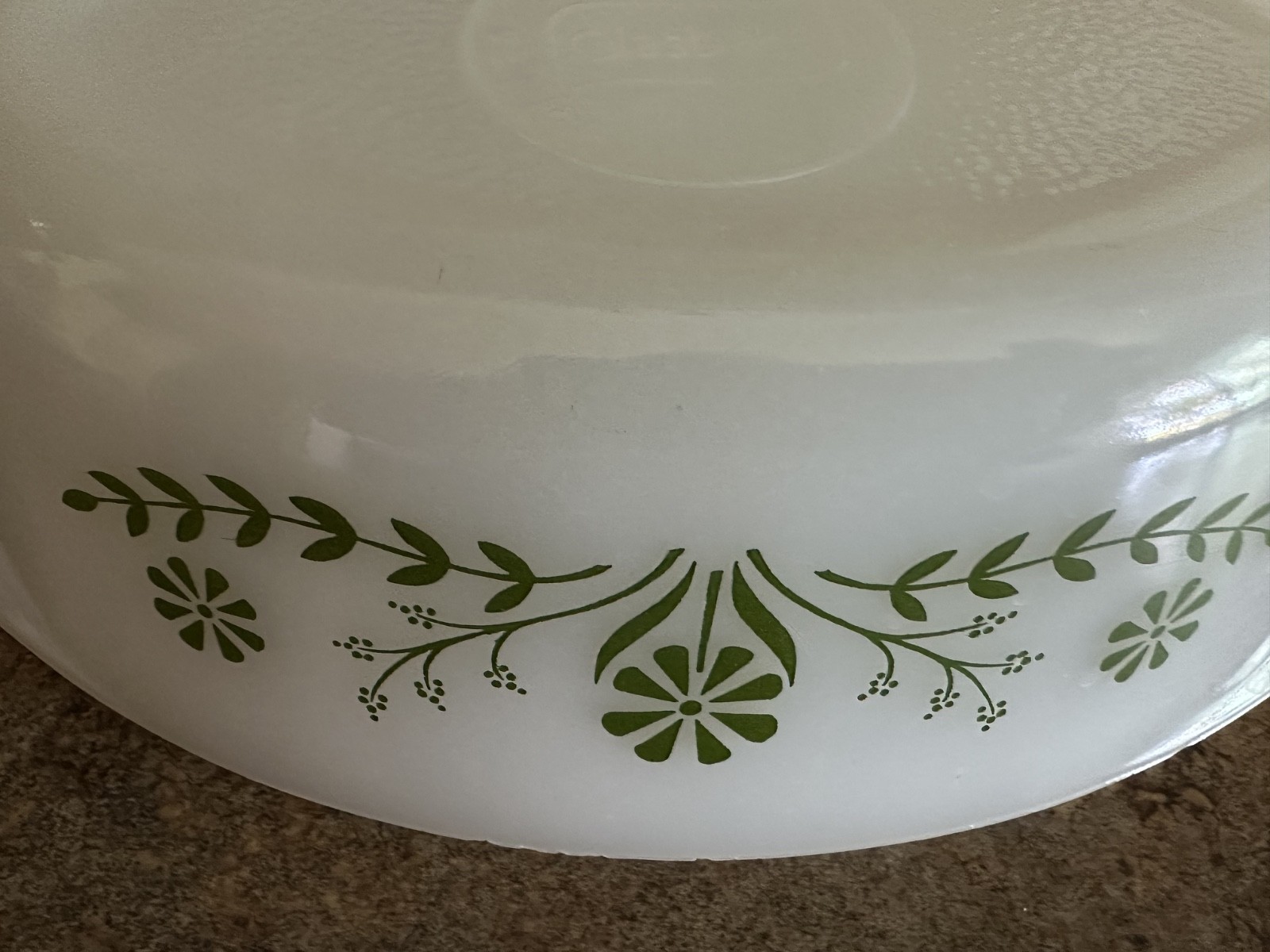 Vintage Glasbake Casserole Dish J235 ~ 1 QT Green Daisy Milk Glass Oval With Lid