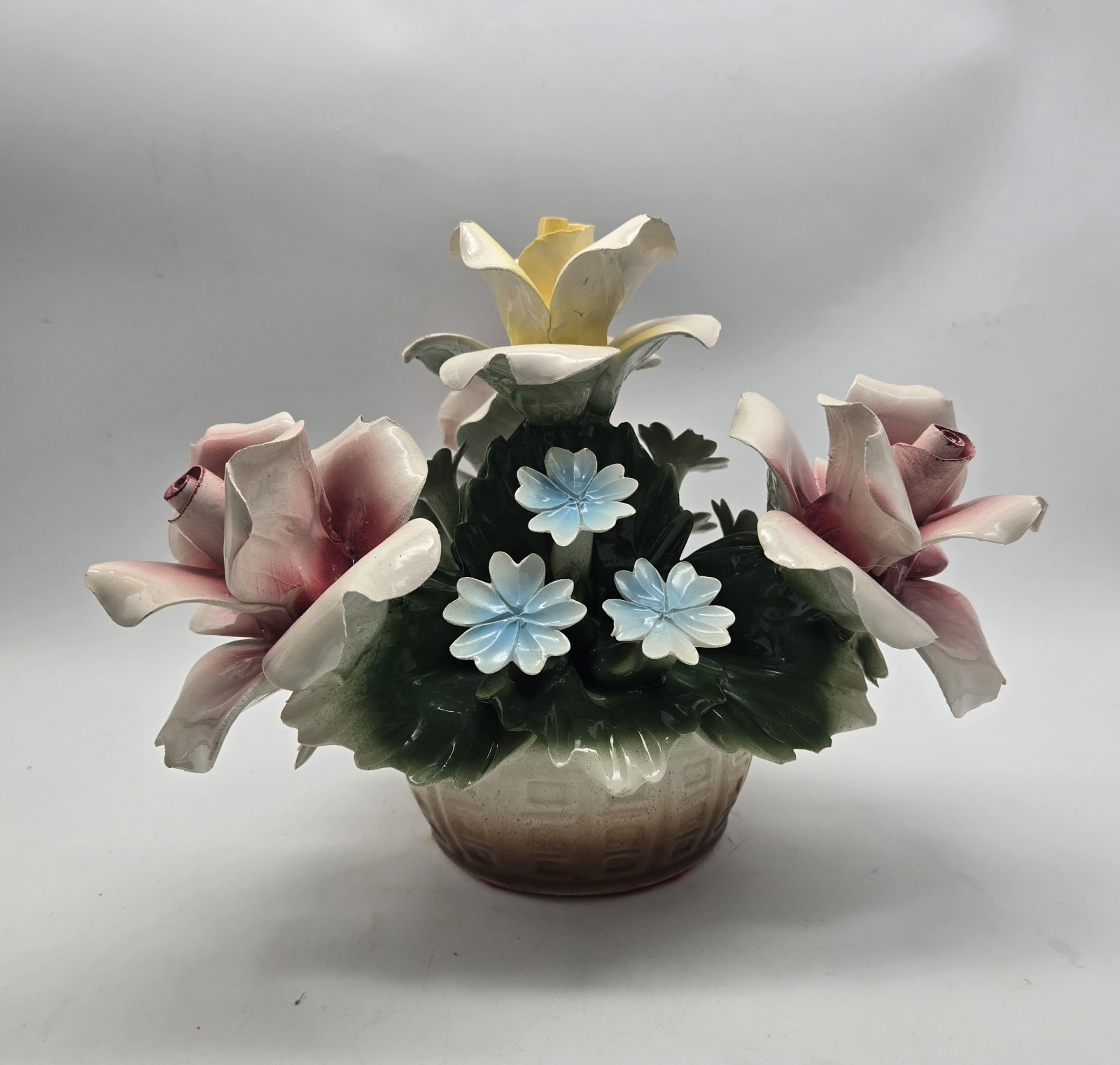 Capodimonte Italy Pink Yellow Roses Blue Ceramic Flowers Nuova Centerpiece Vtg