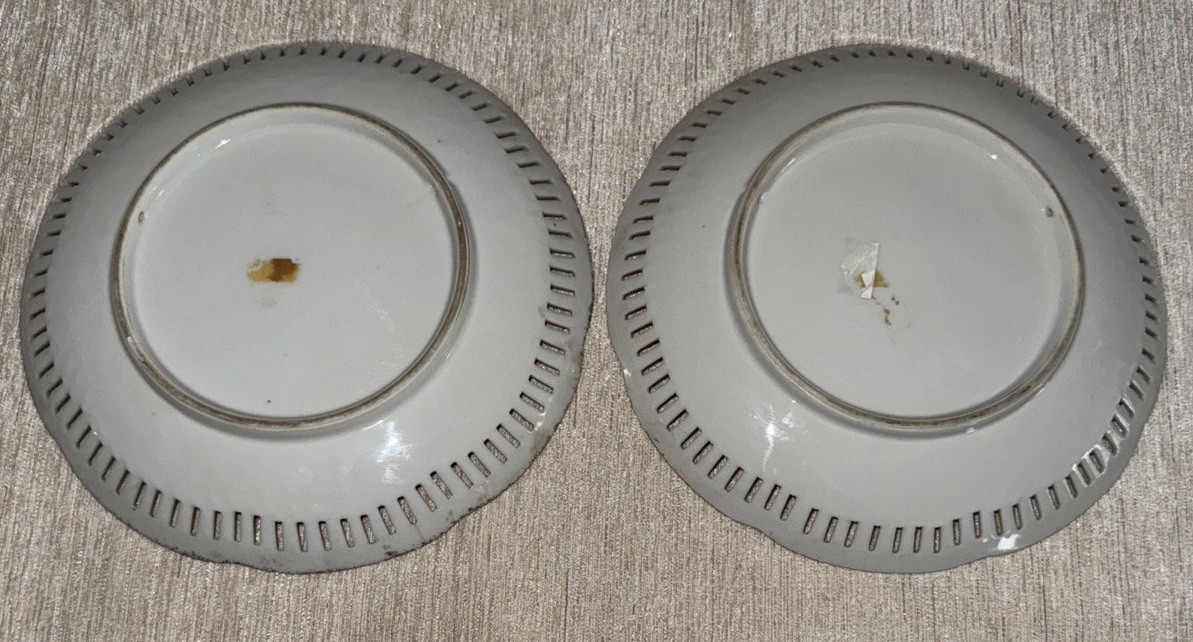 Set 2 Hand Painted Reticulated Edge Porcelain Plates Lily Rose Wall 8” Vtg