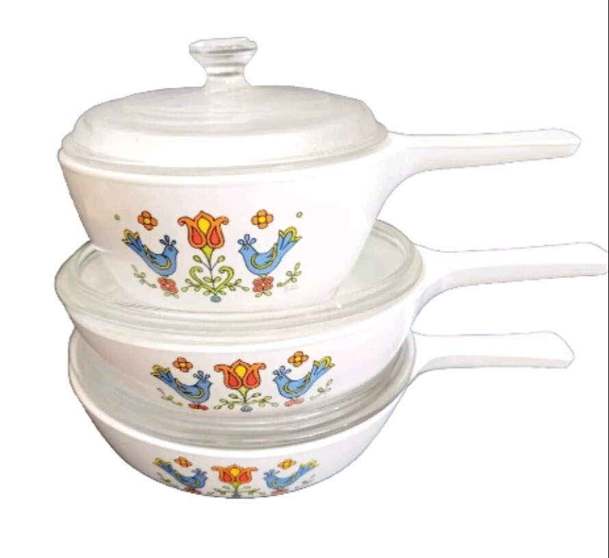 6 pc Corning Country Festival Sauce Pans Skillet Menuette P-82-B & (2) P-83-B