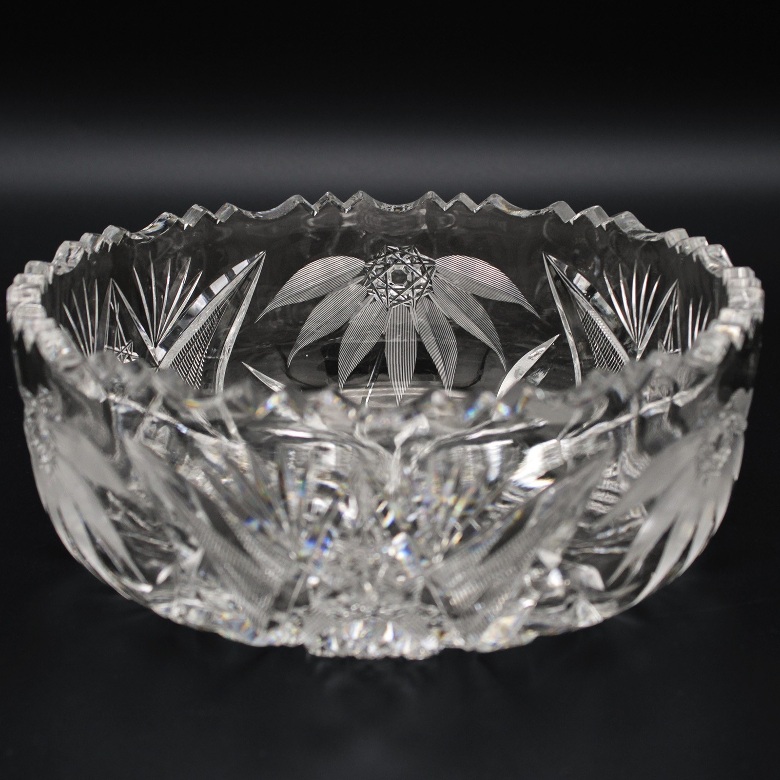 American Brilliant McKanna Poinsettia Cut Centerpiece Bowl, Antique ABP Deep, 7″