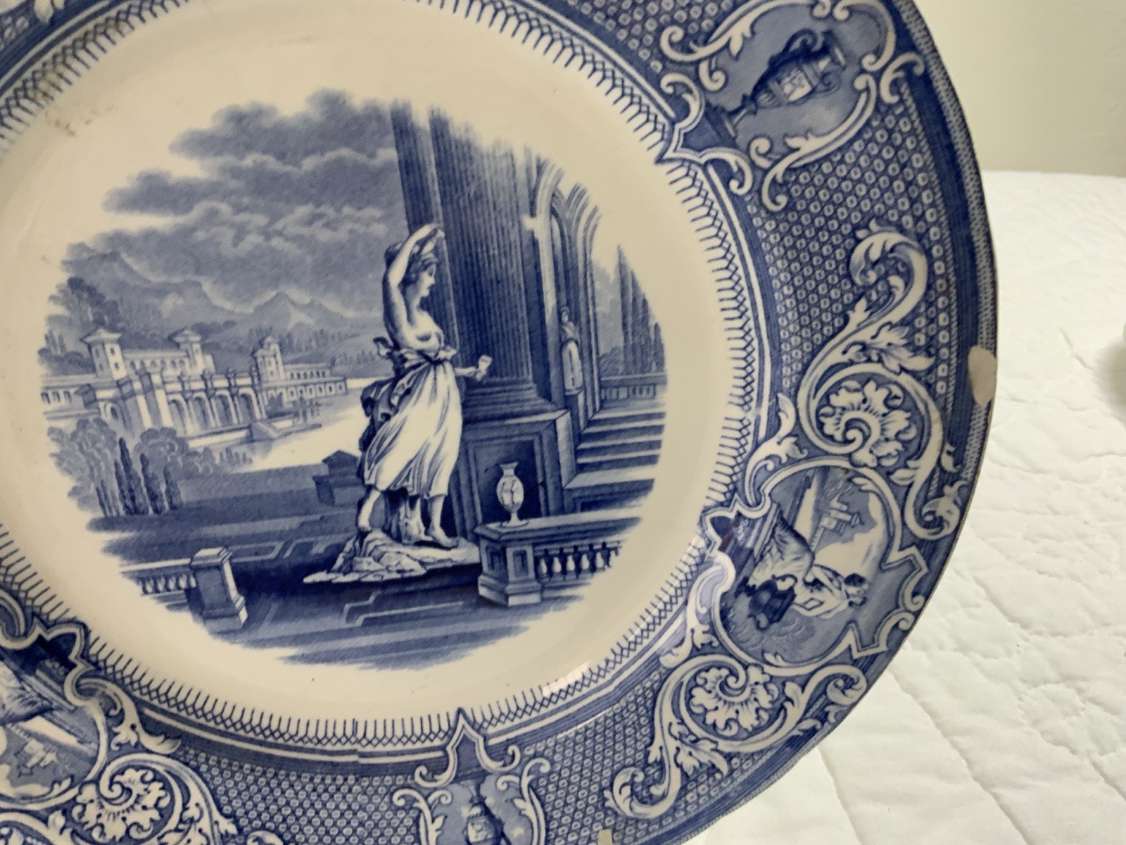 Antique Blue Transferware Dinner Plate, UK,, Grecian Lady & Castle, Davenport