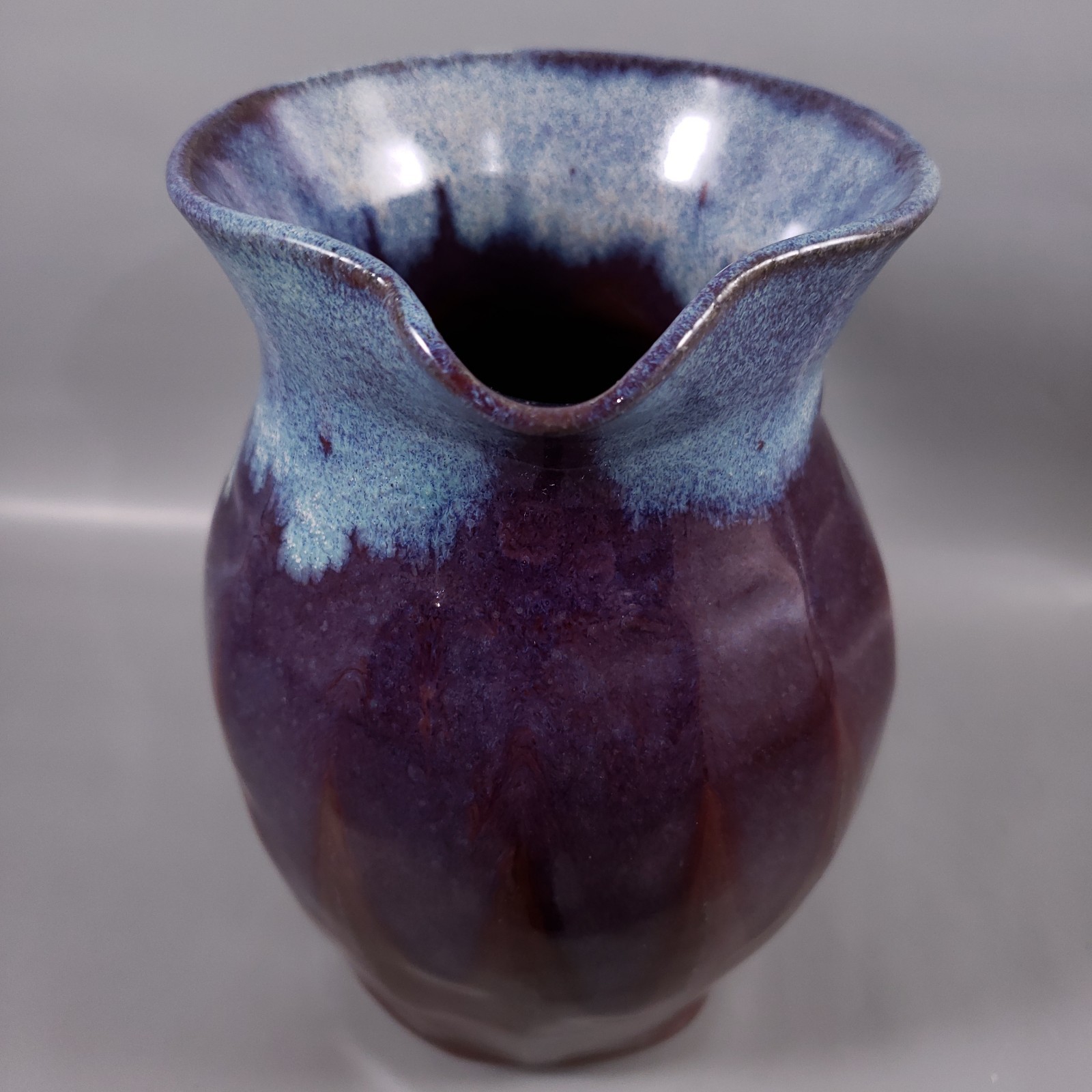 SIGNED Stoneware Purple Blue Drip Glaze Hand Thrown Farmhouse POTTERY PITCHER