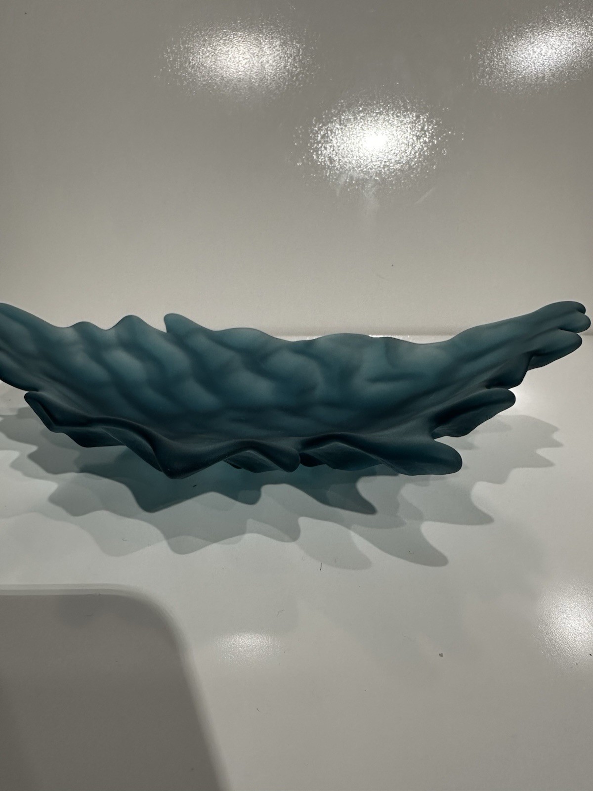 Postmodern Carved + Shaped Aqua Art Glass Asymmetrical Shallow Bowl