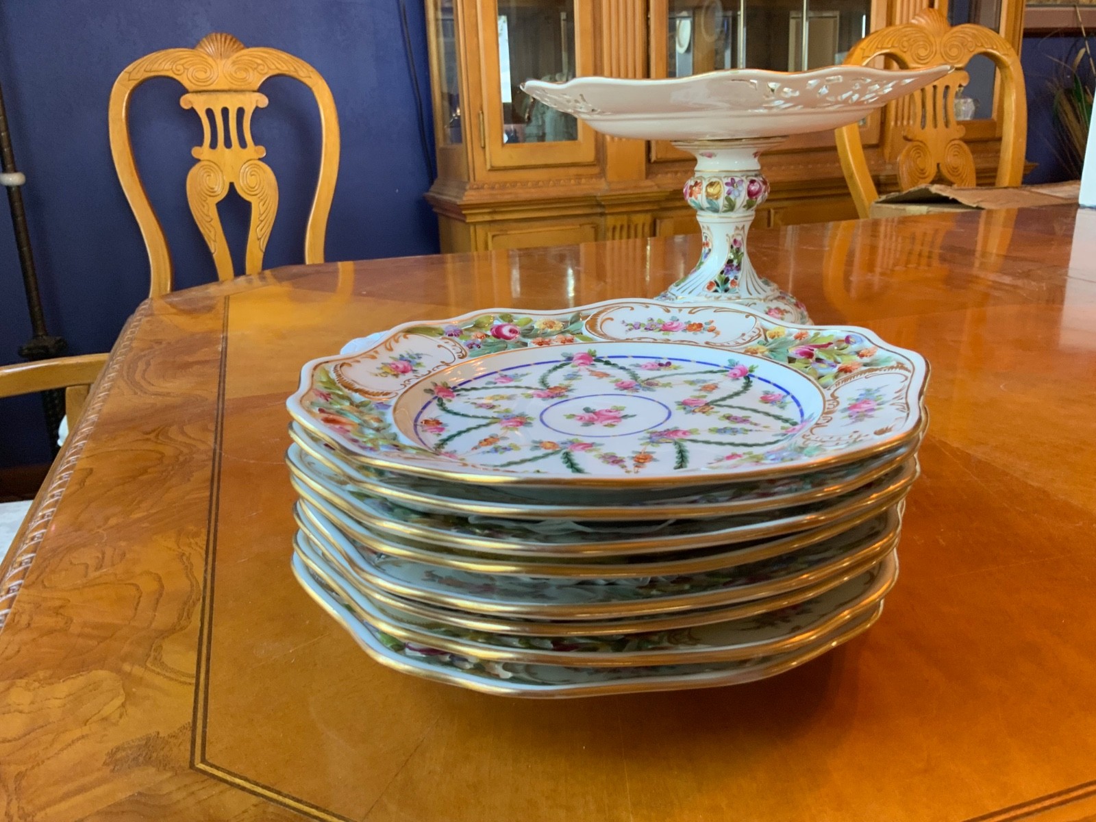 Antique Carl Thieme Dresden Basketweave Dessert Service – 8 Plates & Compote