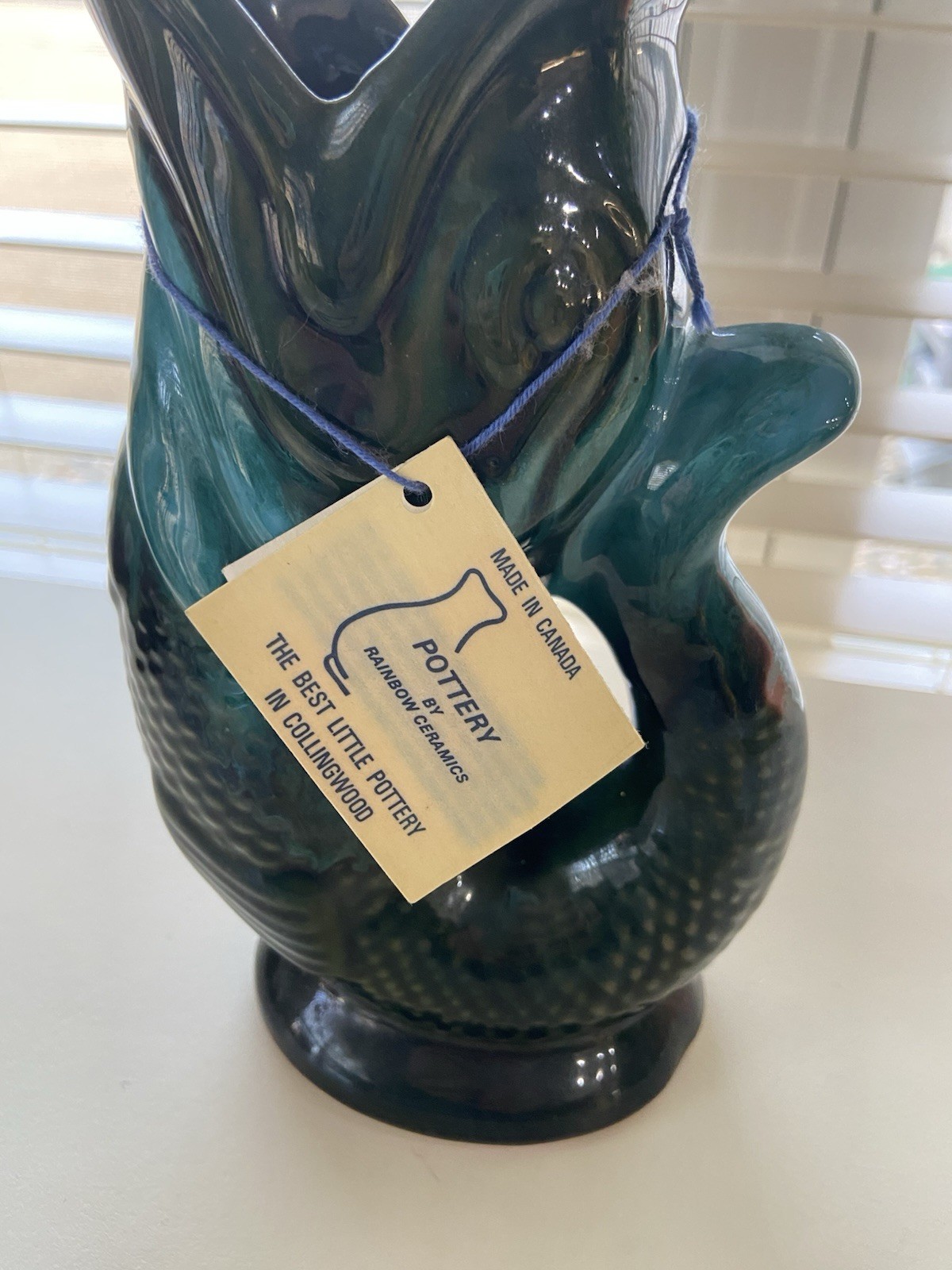 Teal Green Blue Fish Pot Pitcher Gurgle 8in Pottery by Rainbow Ceramics Canada