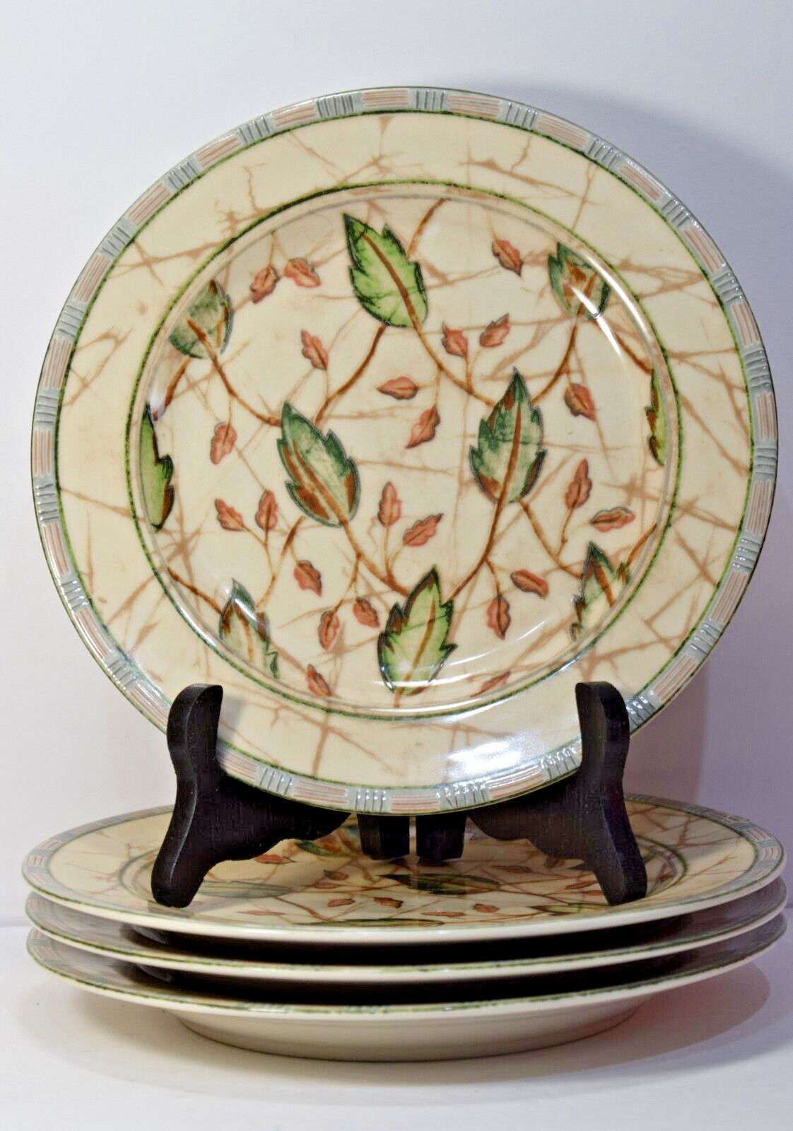 Interiors Sumatra 8″ Salad Plate – Set of 4, Stoneware, Green Leaves, Tan Vines