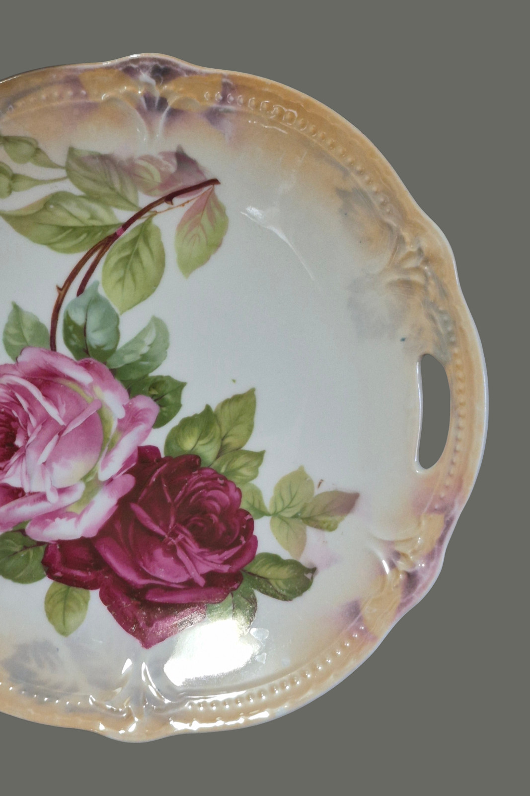 Vintage Romantic Roses Luster Edge Pierced Handles Serving Platter From Germany