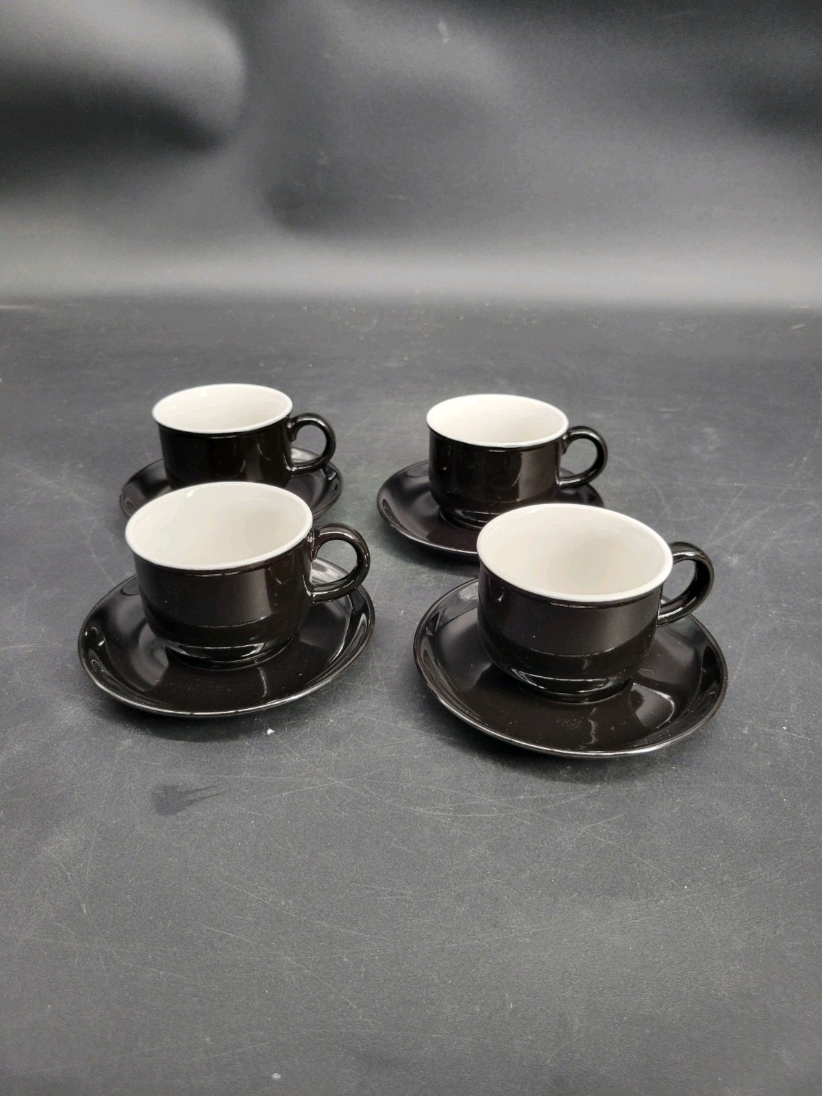 4 Black Glazed 2 1/8″ Teacup/Coffee Cup w/ Four 5″ Saucer Sets 8-Pieces Total