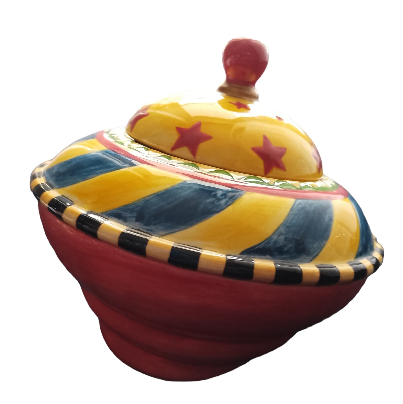 Vintage Vandor China 1997 colorful pottery slanted bowl 5” tall with lid jar