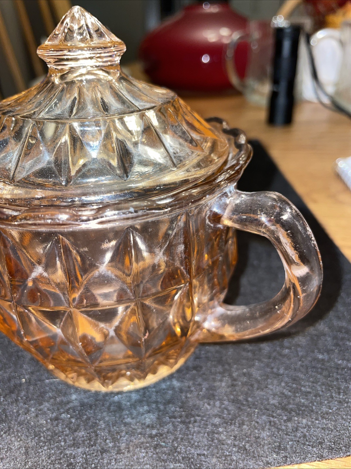 Jeanette Windsor Pink Depression Glass Sugar Bowl & Lid. Pink Diamond Pattern