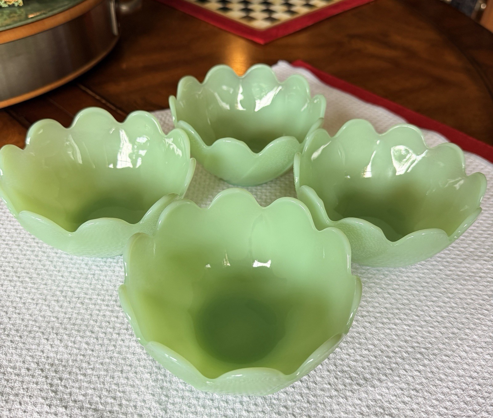 Fire King Jadeite Lotus Blossom Leaf Dessert Cup Bowl Set of 4 Vintage 4”