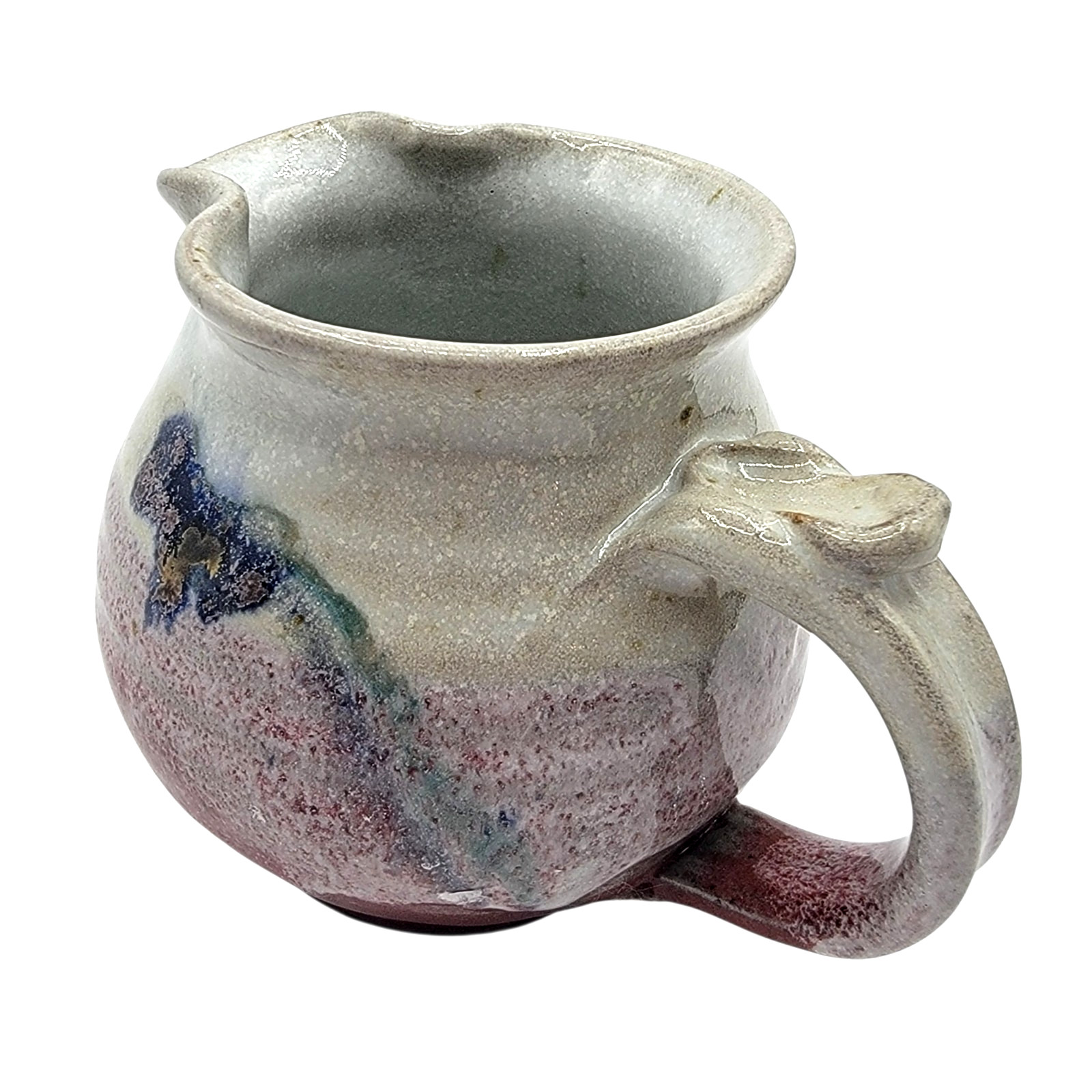 Studio Pottery Creamer Sugar Set Signed Purple Drip Glaze Blue Floral Stoneware