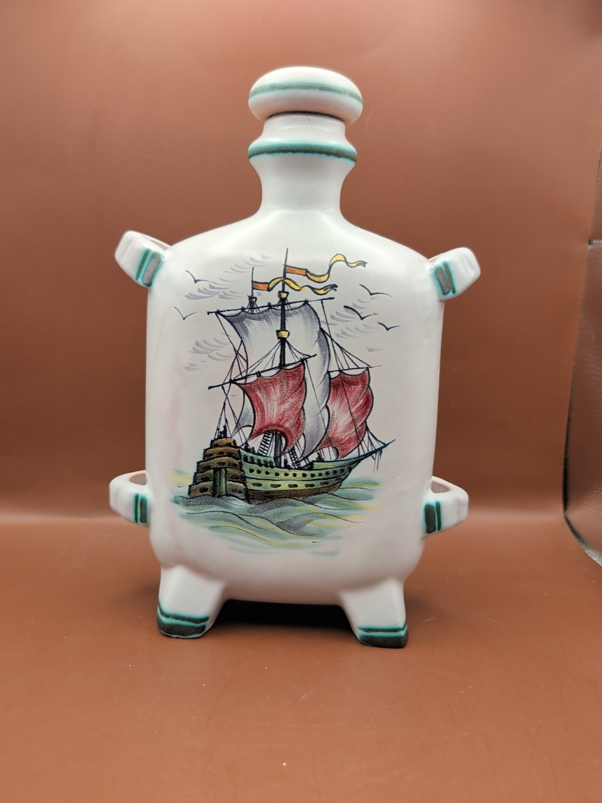 Hollohaza Hungary Hand Painted Ceramic Flask Vintage *(Small Crack See Picture)*