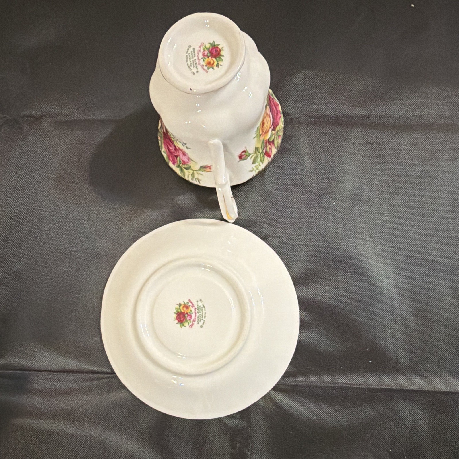 Floral Rose Tea Cup & Saucer Set, White Pink Green, Gold Trim, Ceramic