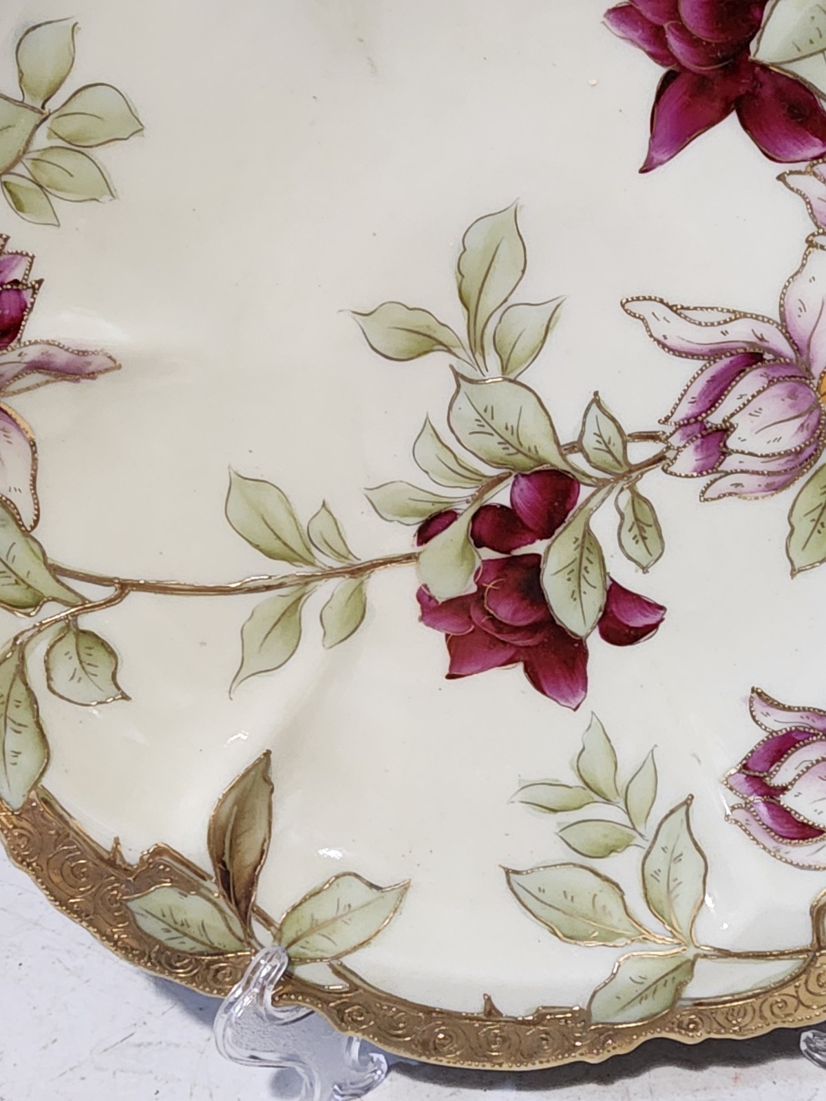Antique Nippon 12.5” Wall Plate Charger Hand Painted Purple Floral Flowers Gold