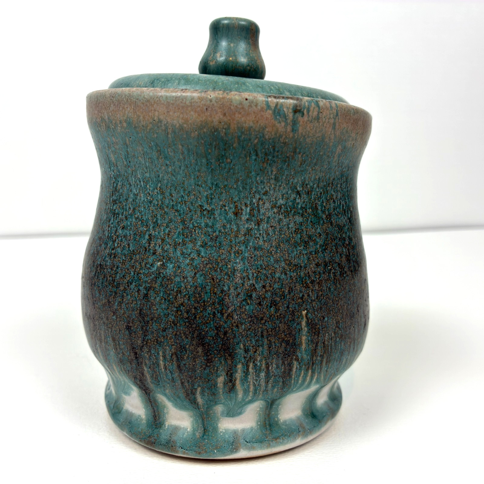 Studio Pottery Canister Jar With Lid Signed Blue Brown Drip Glaze