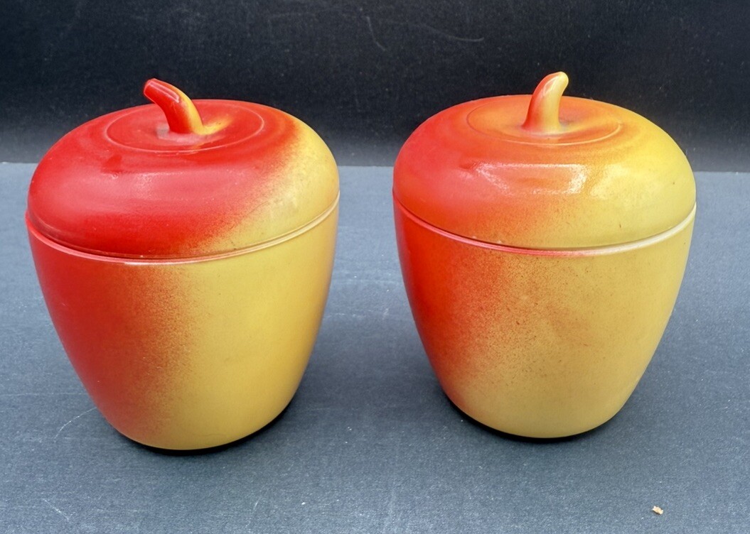 2 Vtg 30s 40s Hazel Atlas Apple Jelly Jars Lid Yellow Red Milk Glass SEE PICTURE